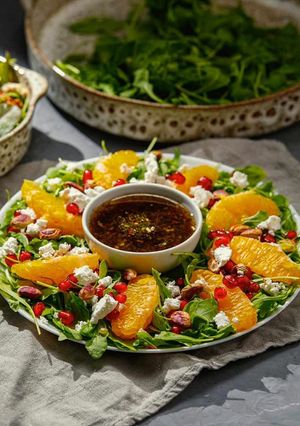 Салат из апельсинов с фетаксой, фисташками и пряным маслом