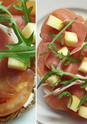 Брускетта с хамоном и манго