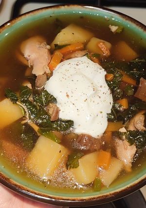 Зелений борщ з куркою, сушеними грибами та кропивою