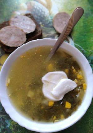 Зелений борщ з молодим щавлем на варених яйцях