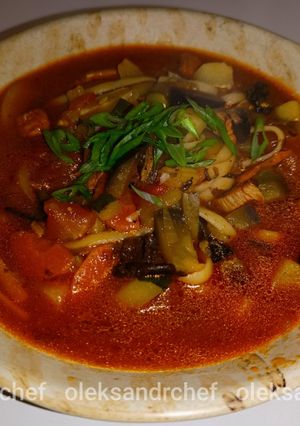 Лагман з сушеними грибами та спаржею /Lagman with dried mushrooms and asparagus