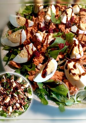 Салат з червоною рибою, яйцем, огірком, журавлиною і бальзамічним соусом