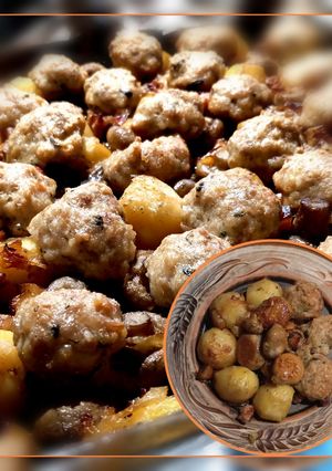 Картопля запечена з шампіньйонами, цибулею, копченою щоковиною і курячими мітболами