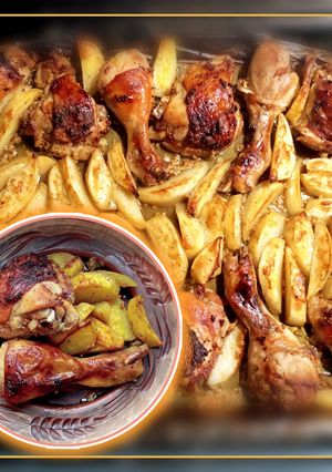 Курячі стегна і гомілки в гірчично-соєвому соусі, запечені з картоплею